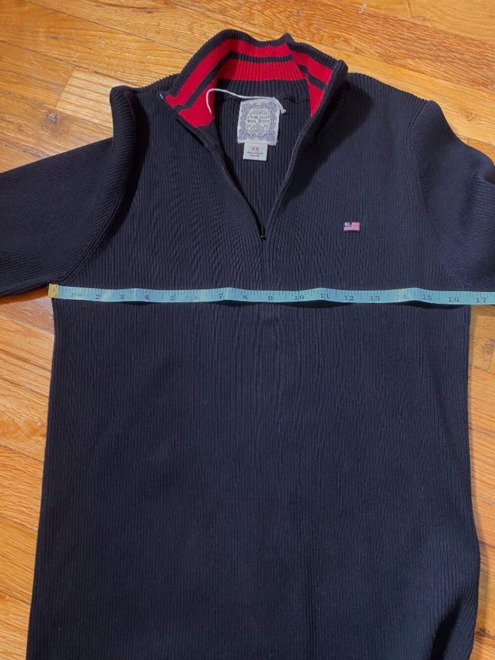 VTG RALPH LAUREN Polo Jeans Sweater Black Ribbed Red Stripe Mock Neck 1/4 Zip XL - Picture 7 of 10